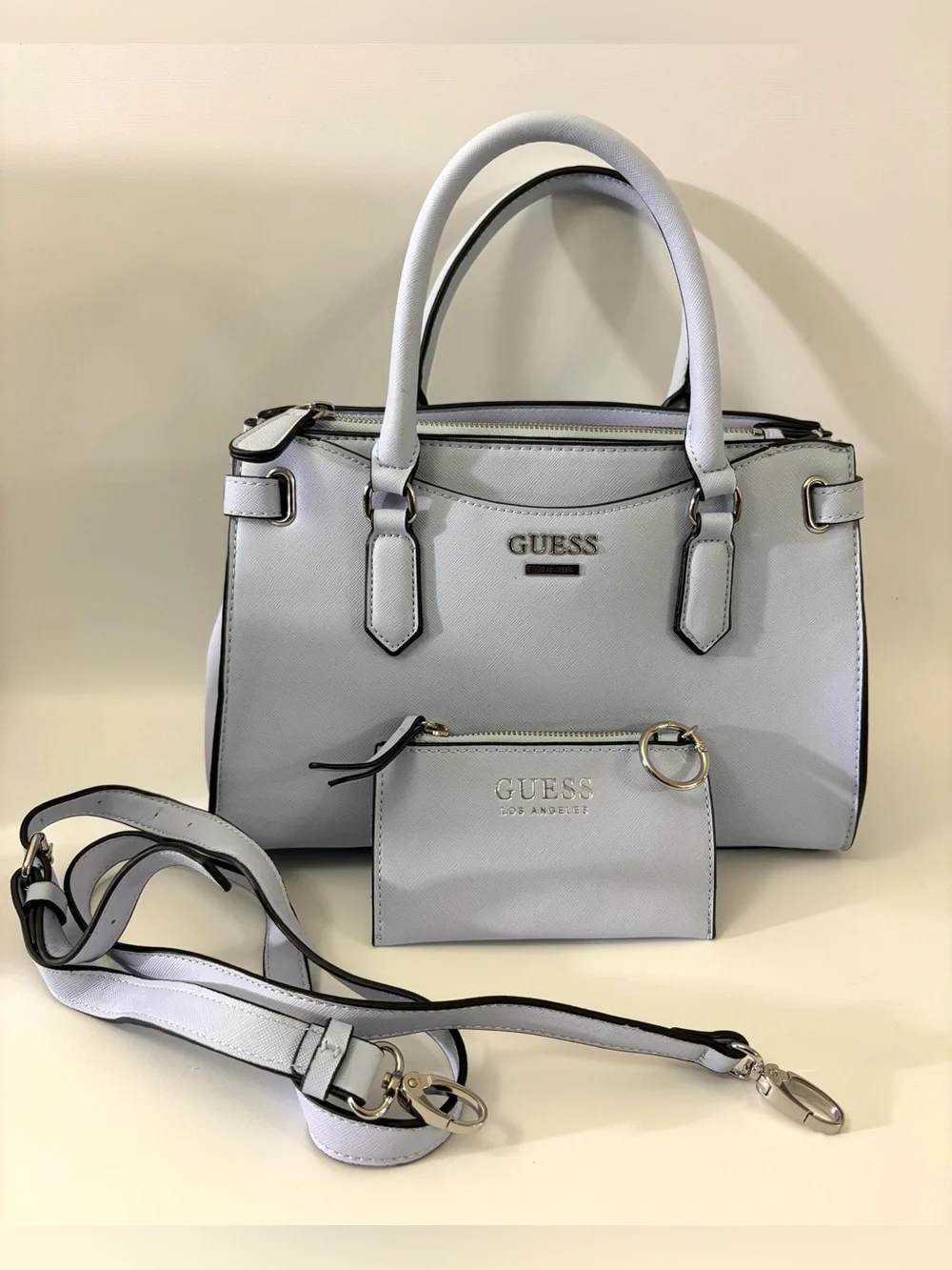 GUESS Satchel Handbag Light Blue Crossbody Purse w/ Wallet Zip Top Faux Leather